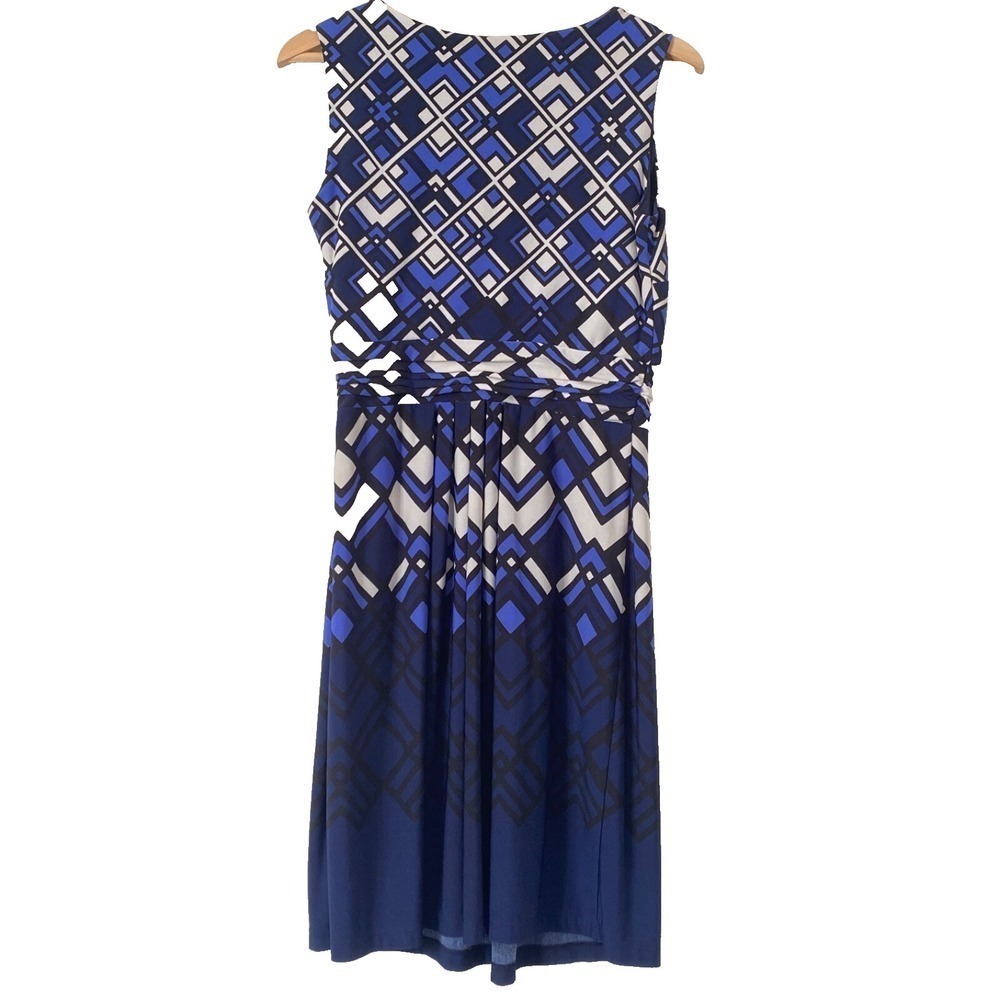 En-Focus Studio Abstract Blue, Black & White Pleated Side Zip Sleeveless Dress 8 - Picture 2 of 6